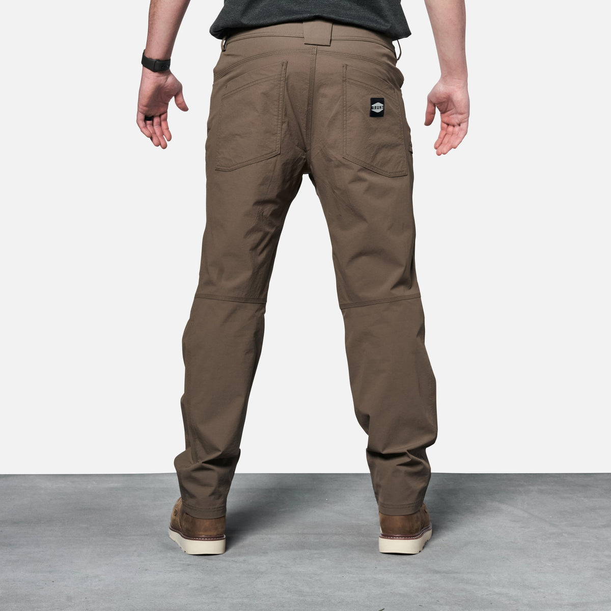 Back of BRUNT water-resistant lightweight lined costello work pant in brown