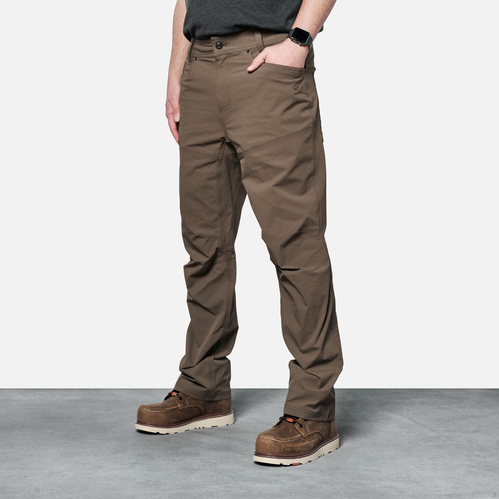 45 degree angle of front left side of BRUNT water-resistant lightweight lined costello work pant in brown