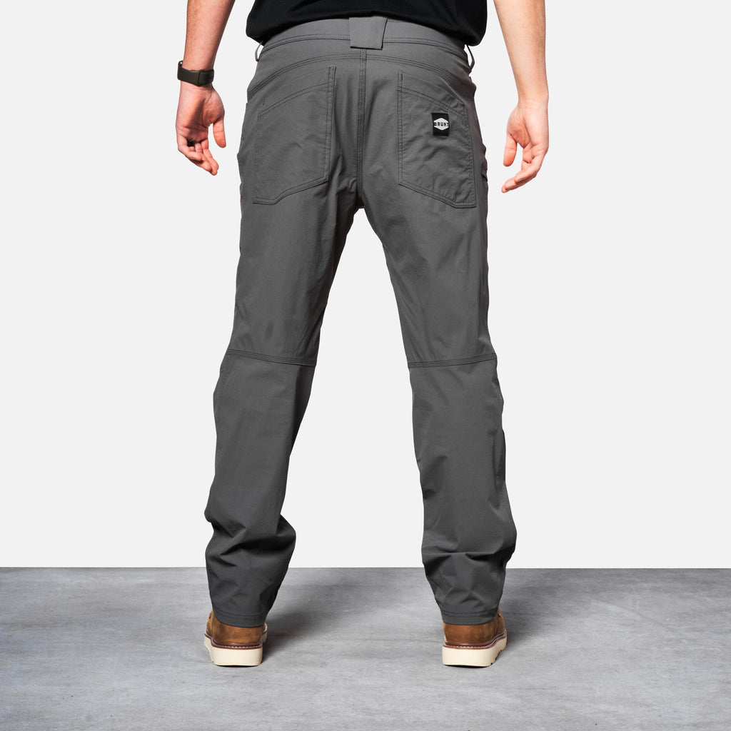 Back of BRUNT water-resistant lightweight lined costello work pant in charcoal