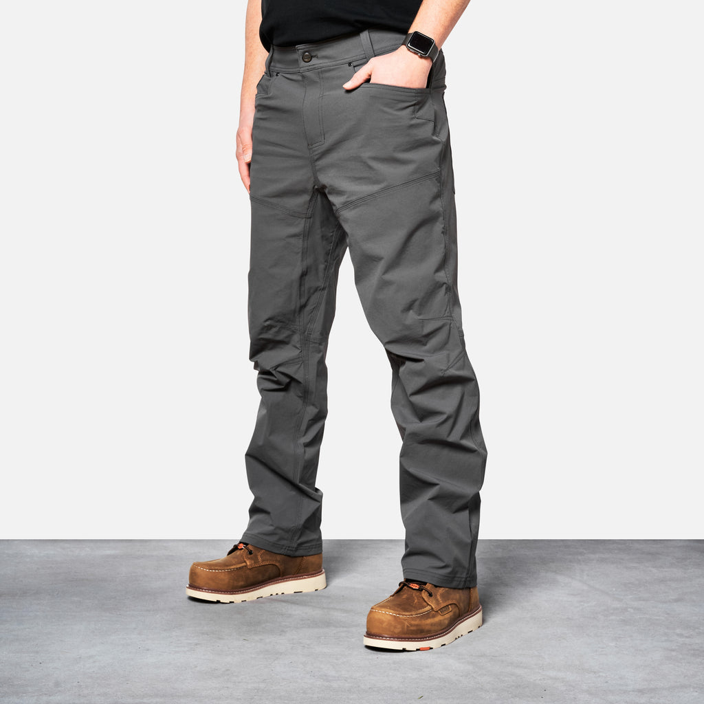 45 degree angle of front left side of BRUNT water-resistant lightweight lined costello work pant in charcoal