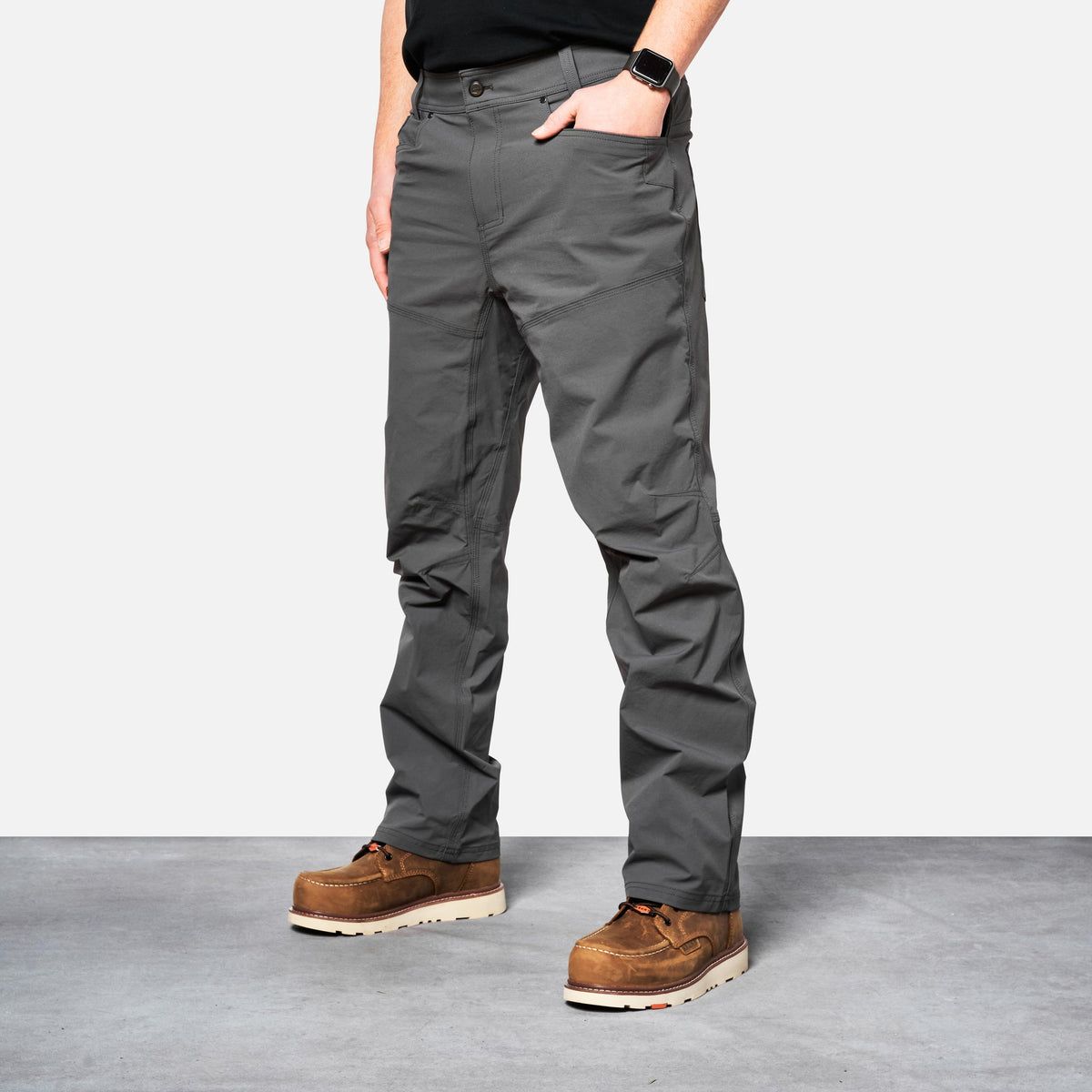45 degree angle of front left side of BRUNT water-resistant lightweight lined costello work pant in charcoal