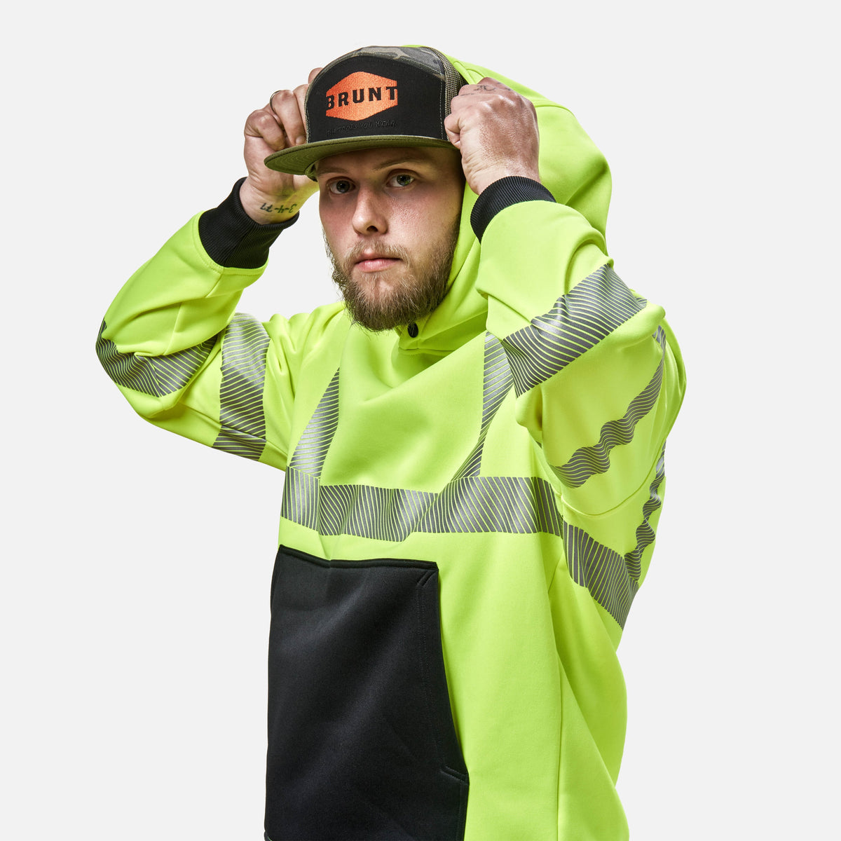 View 2 hard hat compatible hood of the BRUNT hi-visibilty ANSI rate shevlin hoodie