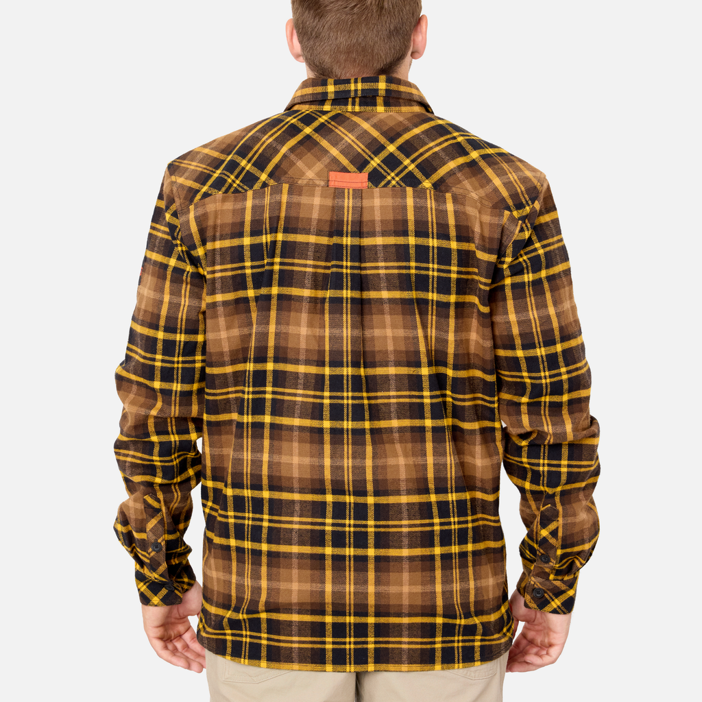 Back of the BRUNT heavy duty stretch work flannel in brown plaid * 0