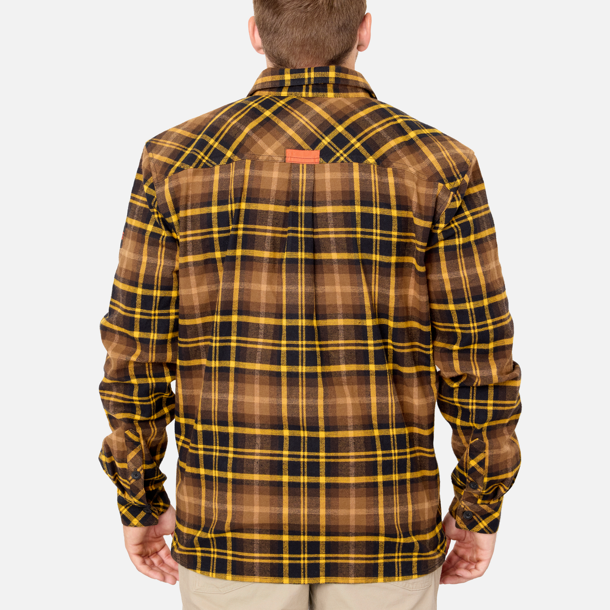 Back of the BRUNT heavy duty stretch work flannel in brown plaid * 0