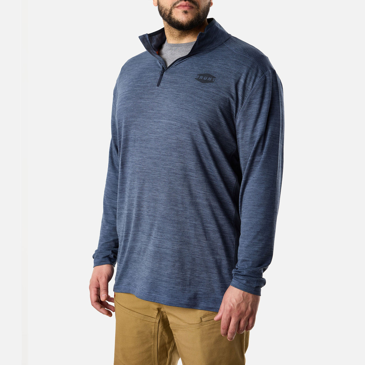 45 degree angle of the right of BRUNT lightweight quarter zip sun shirt with UPF protection in blue heather * 3
