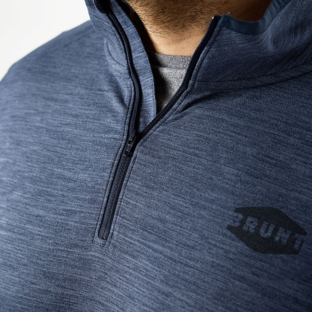 View 2 close up of BRUNT lightweight quarter zip sun shirt with UPF protection in blue heather * 3