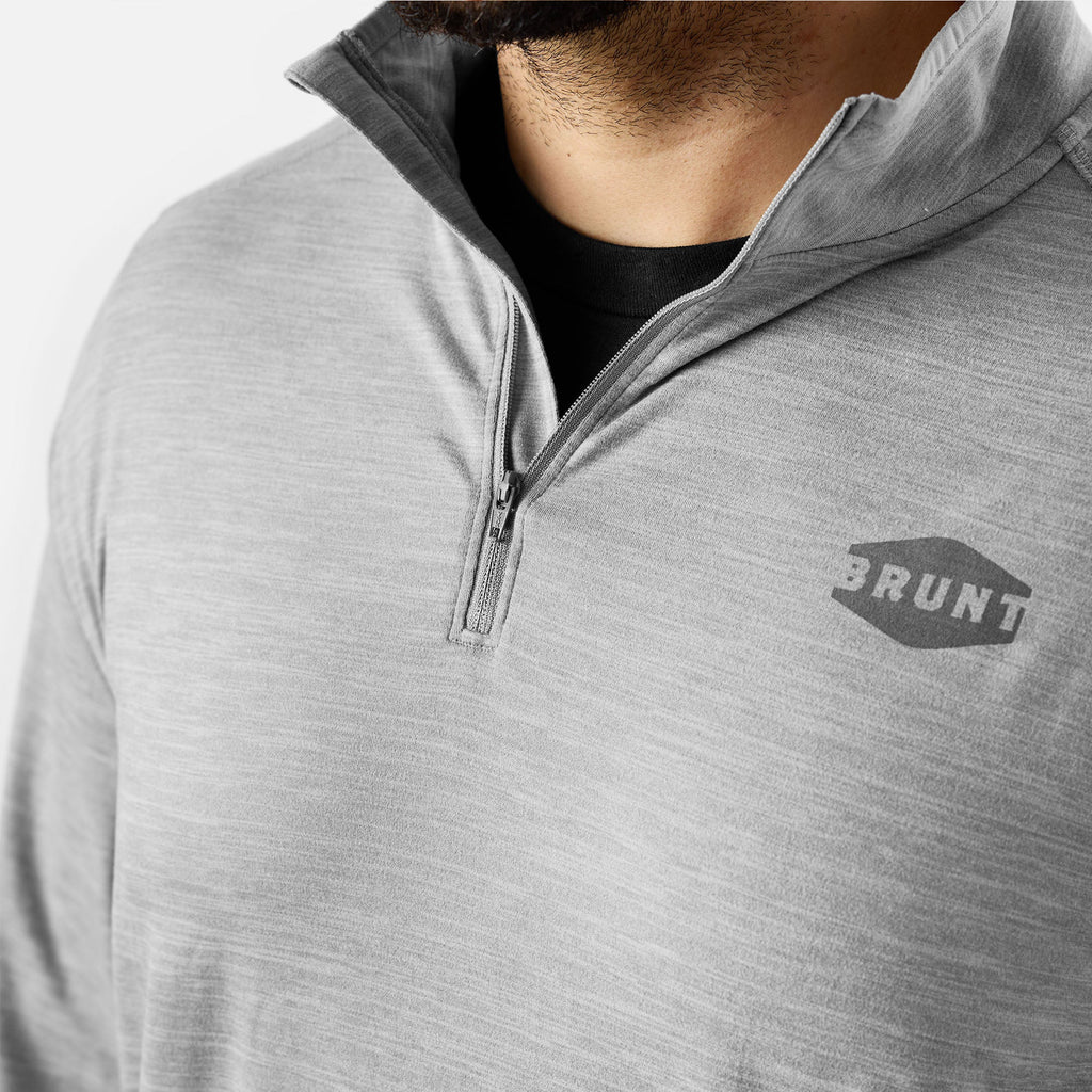 View 2 close up of BRUNT lightweight quarter zip sun shirt with UPF protection in grey heather * 2