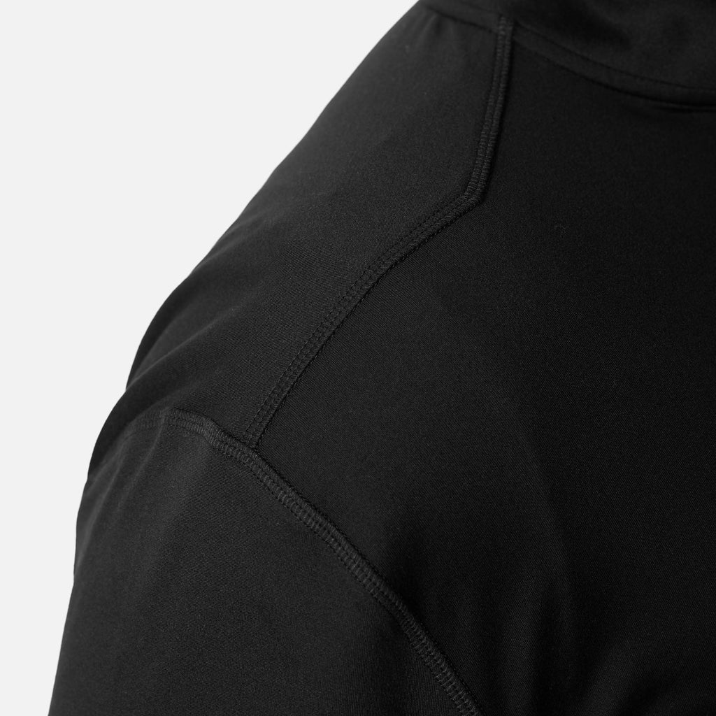Close up of shoulder detailing of the BRUNT lightweight quarter zip sun shirt with UPF protection in black * 1