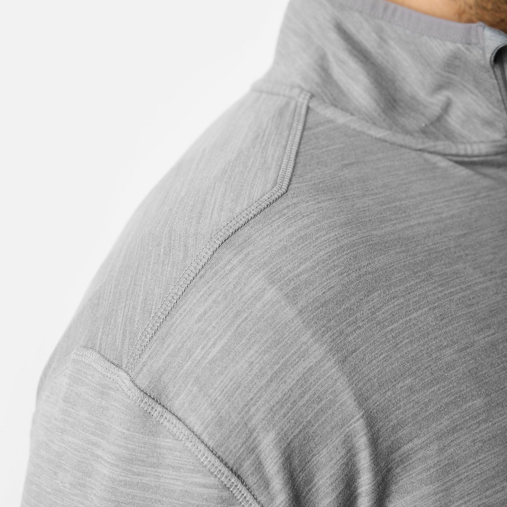 Close up of shoulder detailing of the BRUNT lightweight quarter zip sun shirt with UPF protection in grey heather * 2