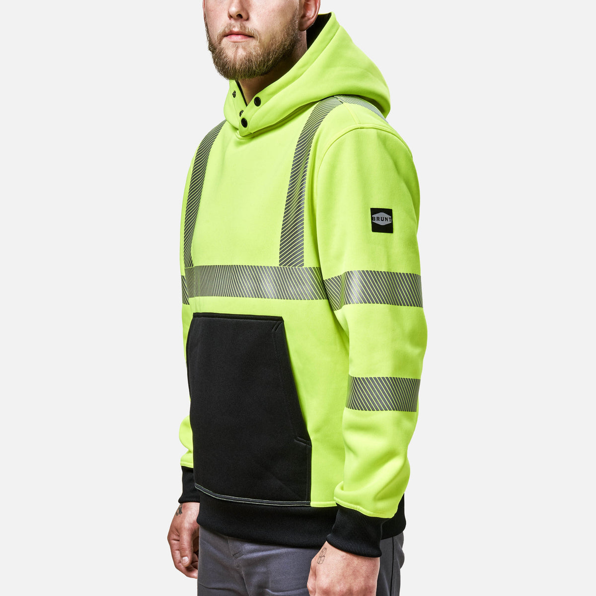 45 degree angle of the front left side of BRUNT hi-visibilty ANSI rate shevlin hoodie