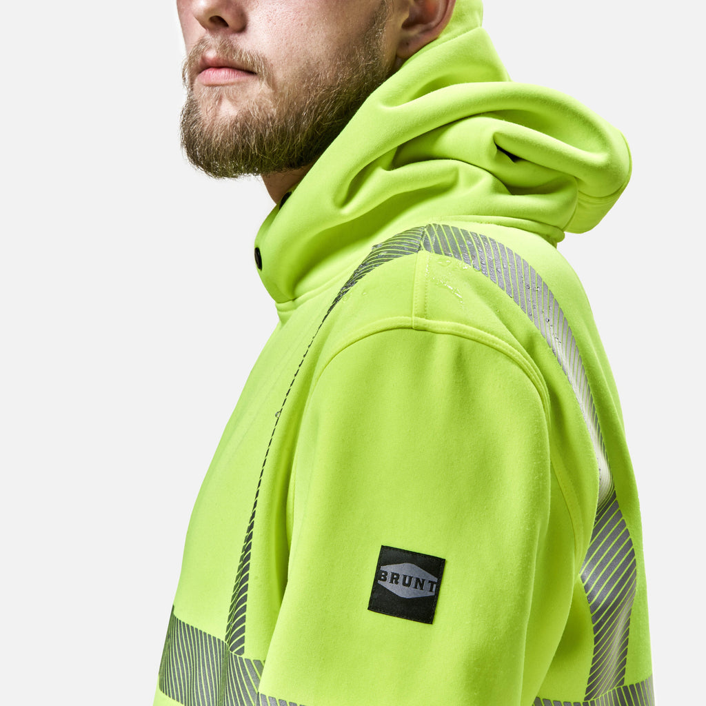 Left shoulder and hard hat compatible hoodie of the BRUNT hi-visibilty ANSI rate shevlin hoodie