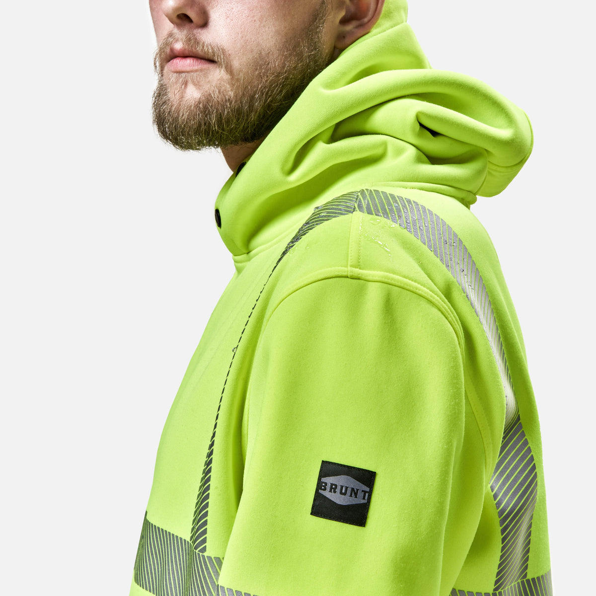 Left shoulder and hard hat compatible hoodie of the BRUNT hi-visibilty ANSI rate shevlin hoodie
