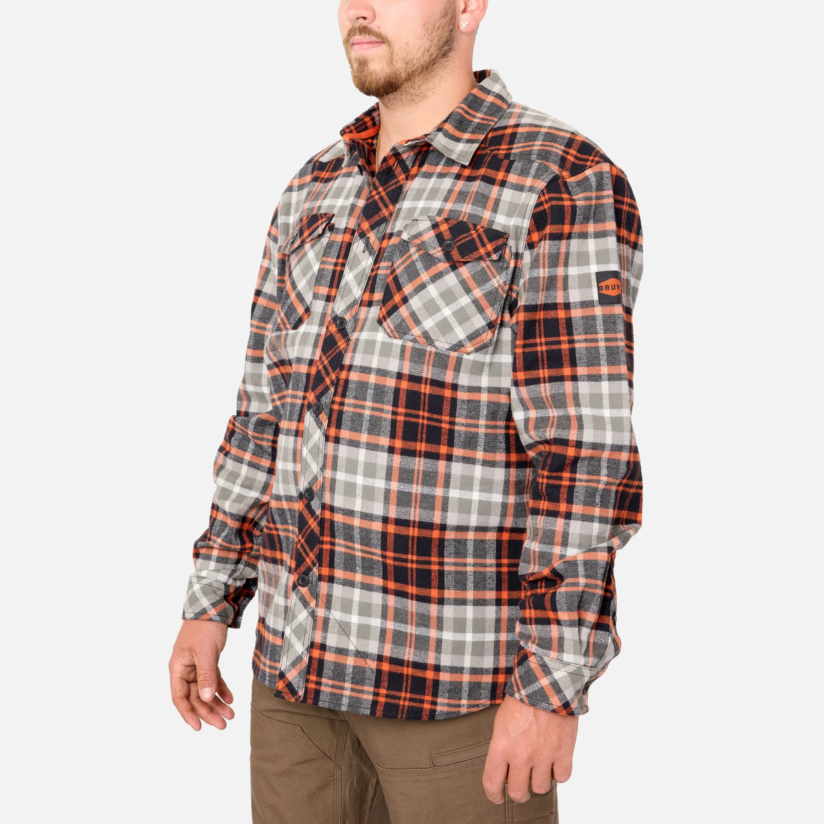 45 degree angle of the left BRUNT heavy duty stretch work flannel in grey plaid * 3
