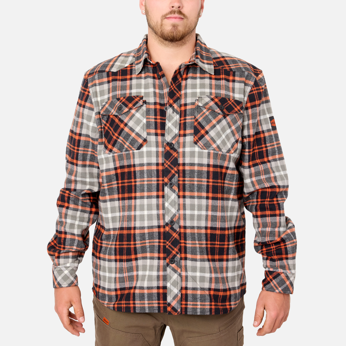 View 1 front of the BRUNT heavy duty stretch work flannel in grey plaid * 3
