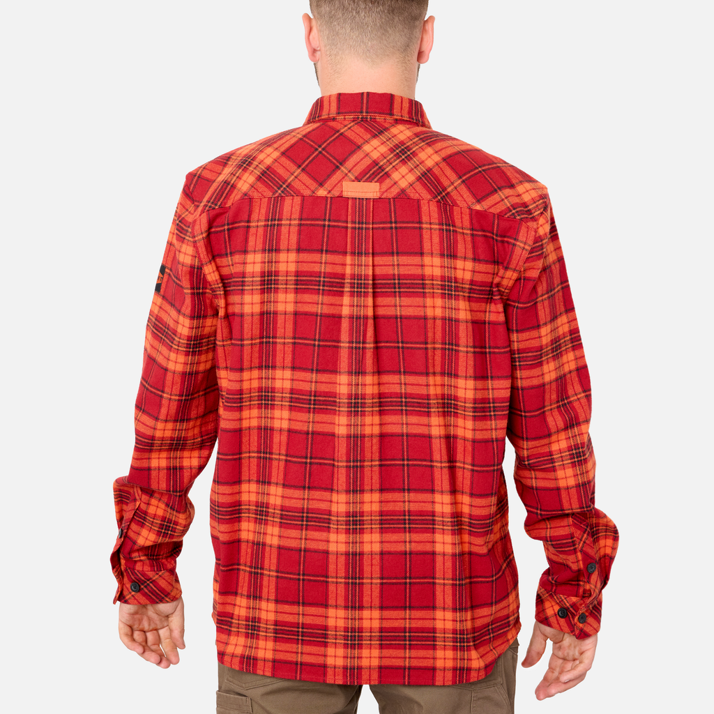Back of the BRUNT heavy duty stretch work flannel in orange plaid * 1