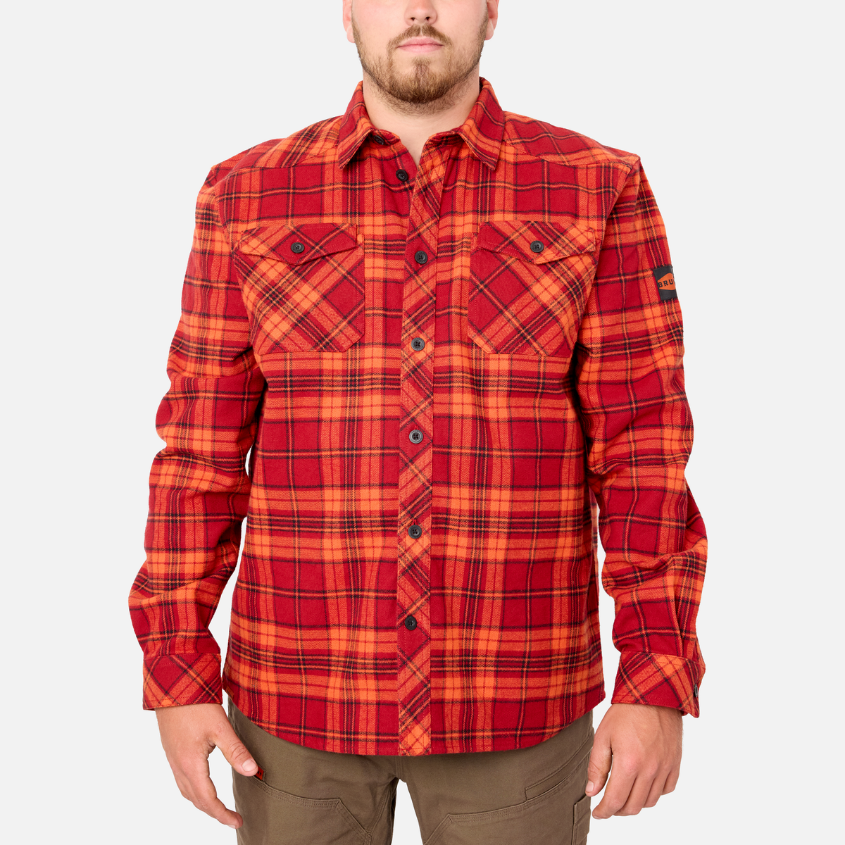 View 1 front of the BRUNT heavy duty stretch work flannel in orange plaid * 1