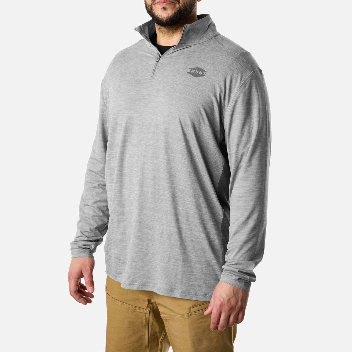 45 degree angle of the right of BRUNT lightweight quarter zip sun shirt with UPF protection in grey heather * 2