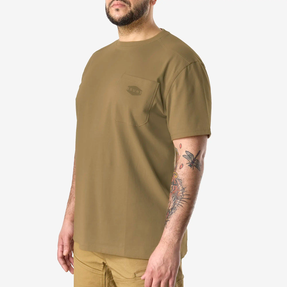 45 degree angle of the front left BRUNT high quality short sleeve pocket tee in tan
