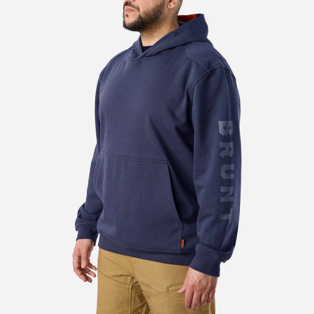 View 2 45 degree angle of left side of BRUNT comfortable all-season levin work hoodie in navy with BRUNT down sleeve * 0