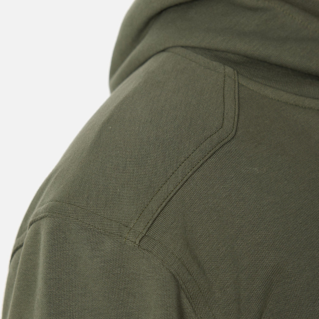 Close up of drop shoulder seams of BRUNT comfortable all-season levin work hoodie in moss * 1
