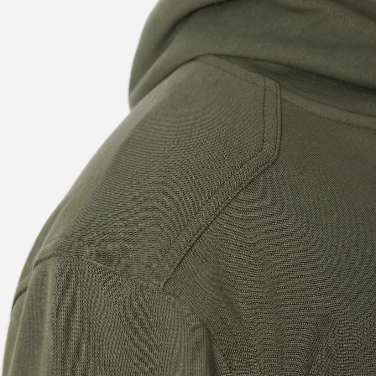 Close up of drop shoulder seams of BRUNT comfortable all-season levin work hoodie in moss * 1