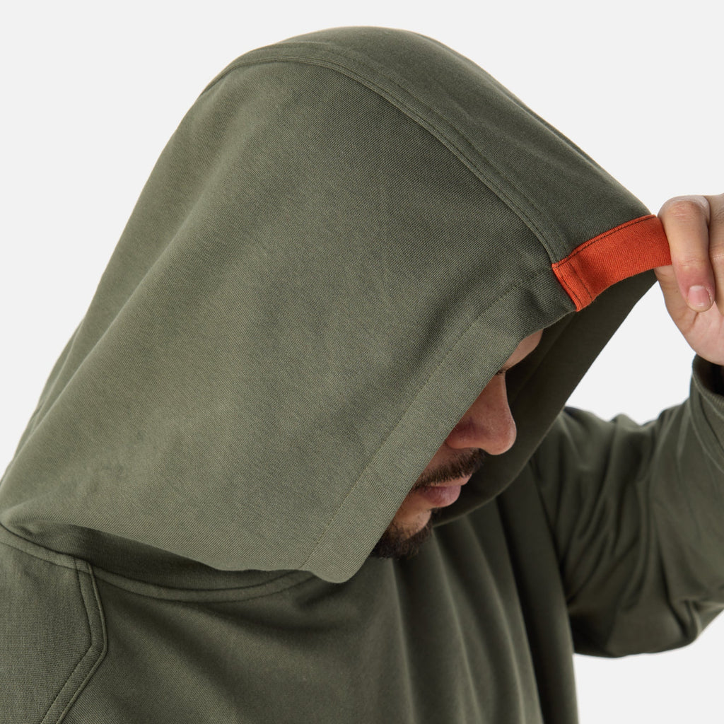 Hard hat compatible hood of the BRUNT comfortable all-season levin work hoodie in moss * 1