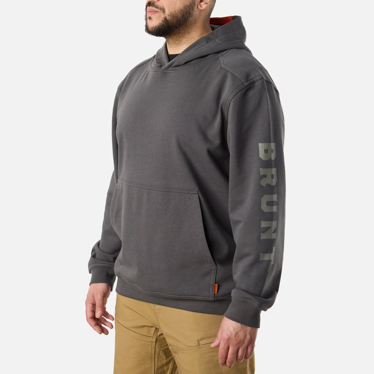 View 2 45 degree angle of left side of BRUNT comfortable all-season levin work hoodie in carbon with BRUNT down sleeve * 3