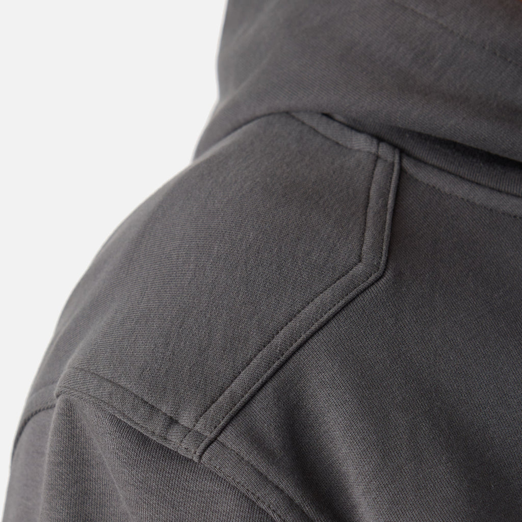 Close up of drop shoulder seams of BRUNT comfortable all-season levin work hoodie in carbon * 3