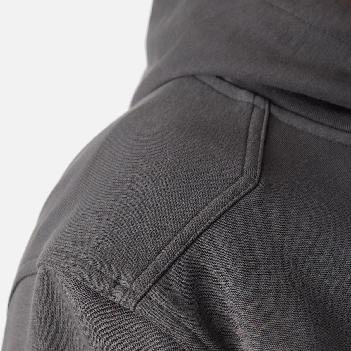 Close up of drop shoulder seams of BRUNT comfortable all-season levin work hoodie in carbon * 3