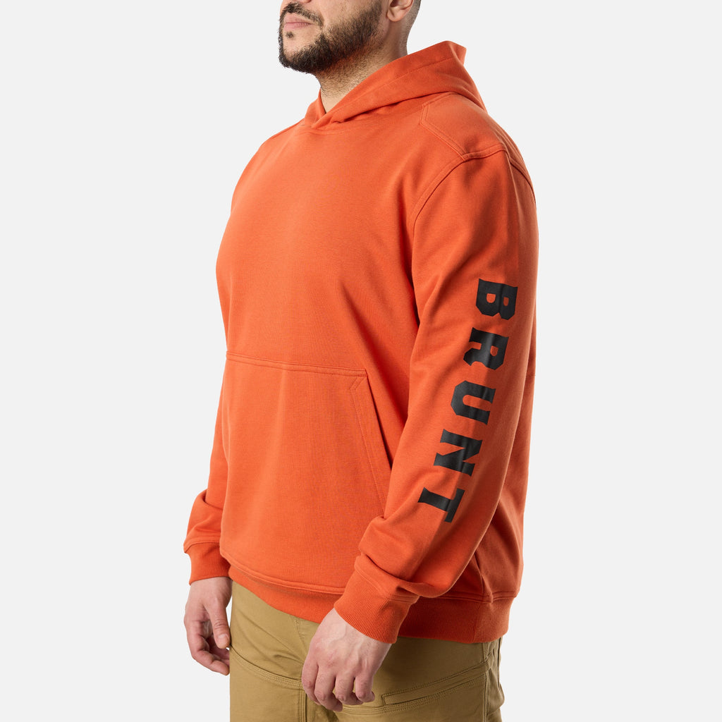View 2 45 degree angle of left side of BRUNT comfortable all-season levin work hoodie in BRUNT orange with BRUNT down sleeve * 2