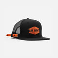 45 degree angle of front of kids flat brim hat with built in pencil holder and BRUNT logo in black