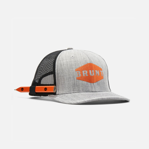 45 degree angle of front of kids curved brim work hat with built in pencil holder and BRUNT logo in grey