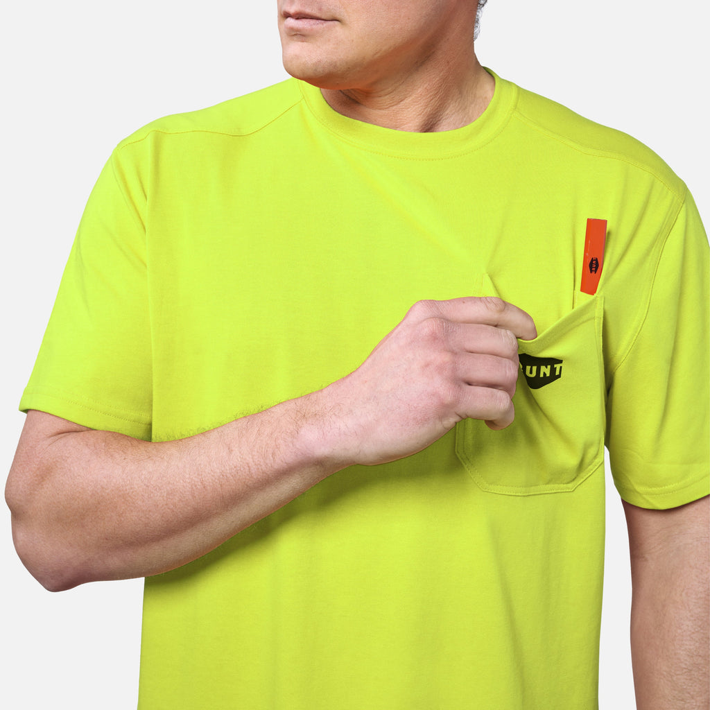 View 2 front of chest pocket with pencil slot of the BRUNT high quality short sleeve pocket tee in hi vis yellow * 4