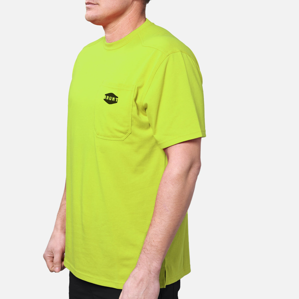 45 degree angle of the front left BRUNT high quality short sleeve pocket tee in hi vis yellow * 4