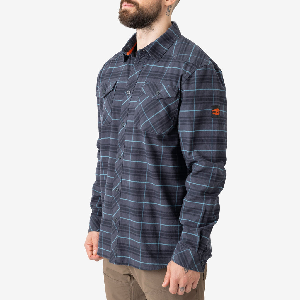 45 degree angel of the right of the BRUNT comfortable stretch work flannel in blue plaid