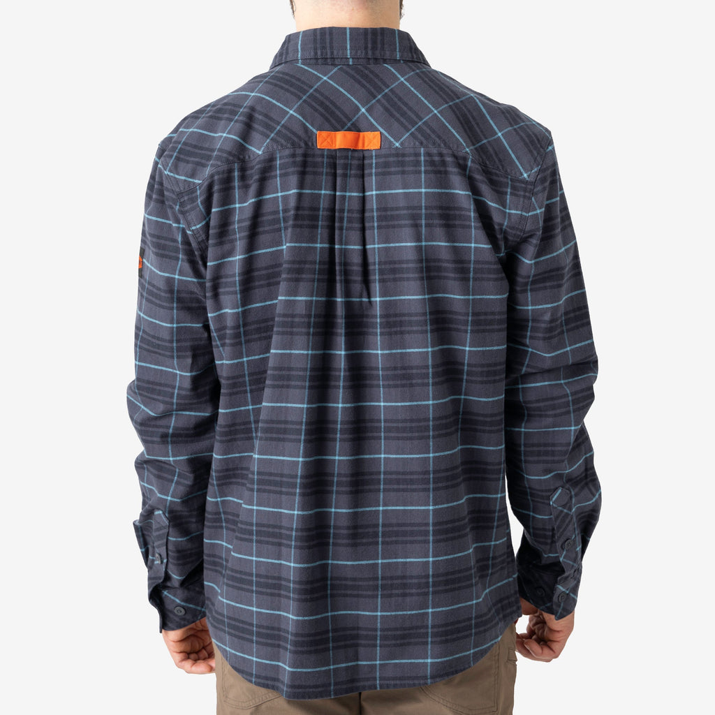 Back of the BRUNT comfortable stretch work flannel in blue plaid