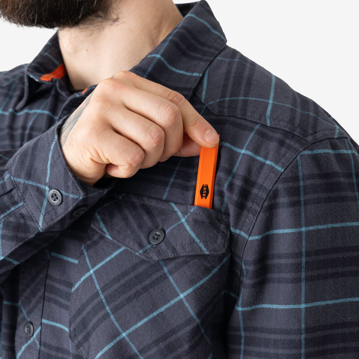 Front chest pocket with pencil slot of BRUNT comfortable stretch work flannel in blue plaid