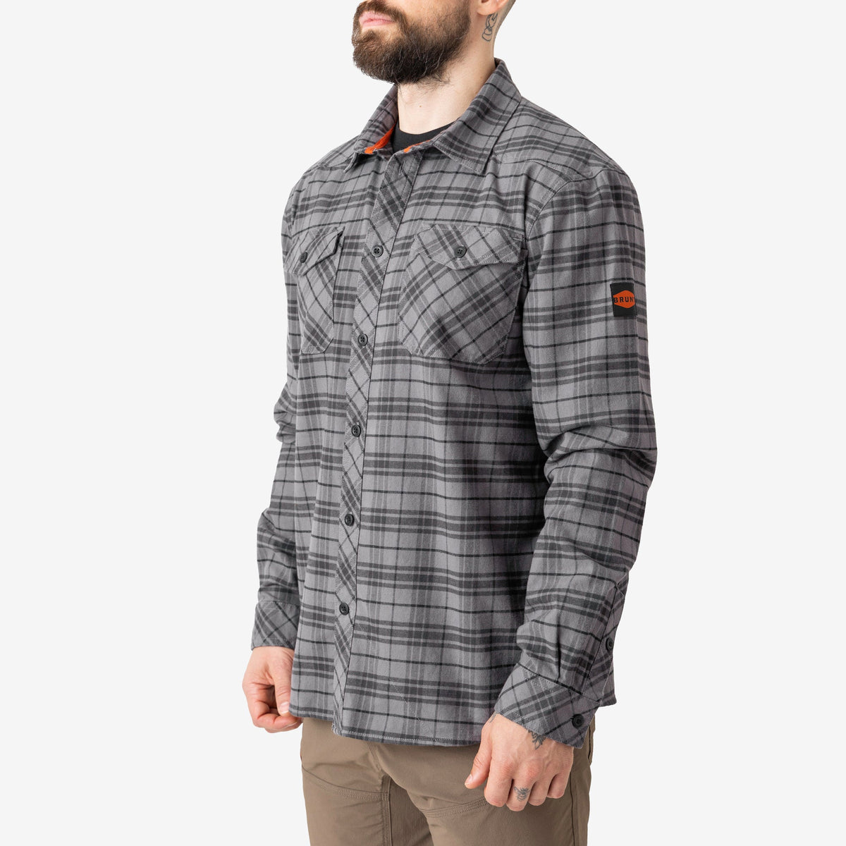 45 degree angel of the right of the BRUNT comfortable stretch work flannel in grey plaid