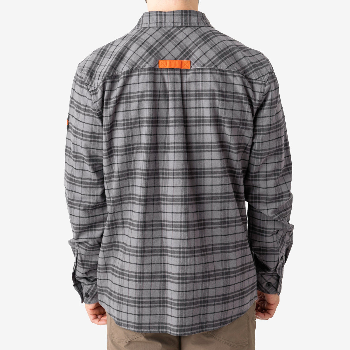 Back of the BRUNT comfortable stretch work flannel in grey plaid