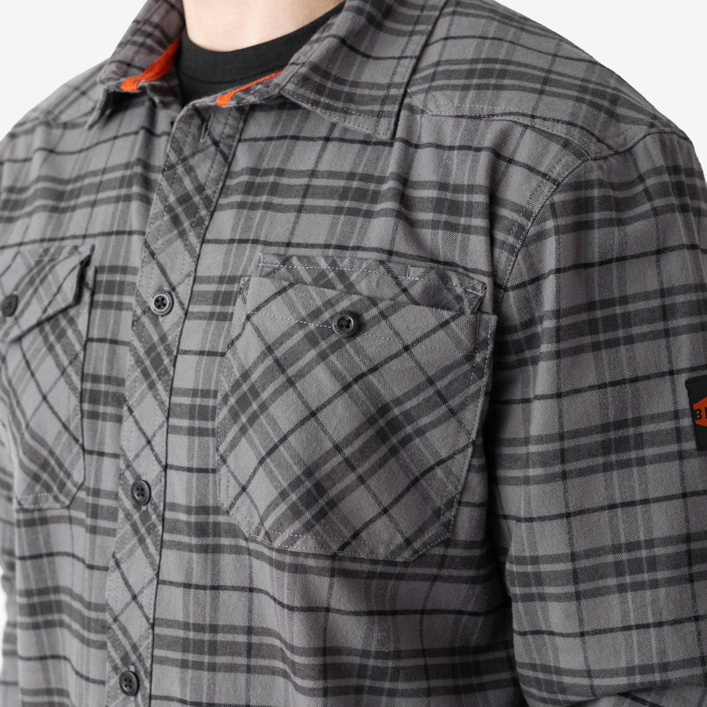 Front chest pocket of BRUNT comfortable stretch work flannel in grey plaid