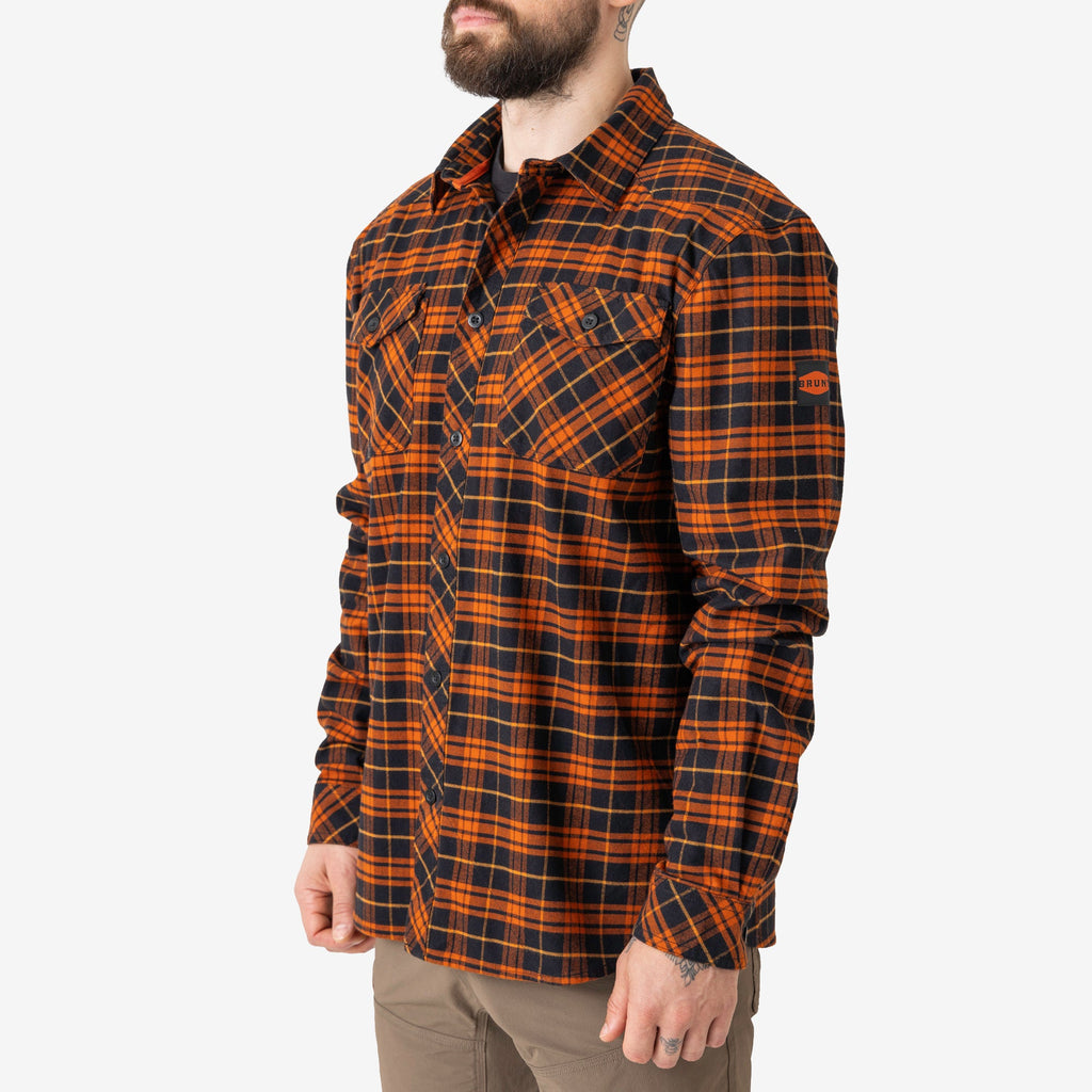 45 degree angel of the right of the BRUNT comfortable stretch work flannel in orange plaid