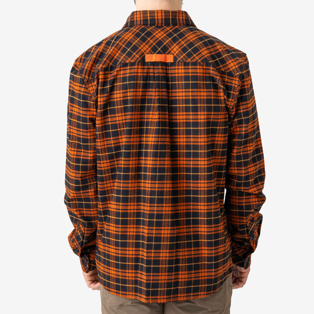 Back of the BRUNT comfortable stretch work flannel in orange plaid