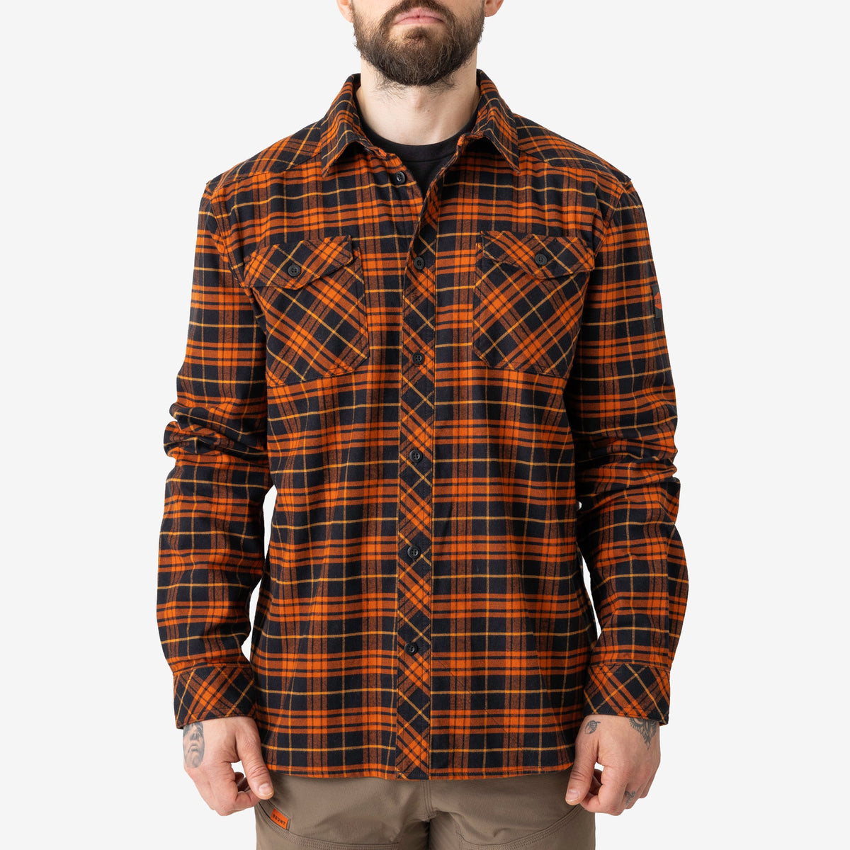 Front of BRUNT comfortable stretch work flannel in orange plaid