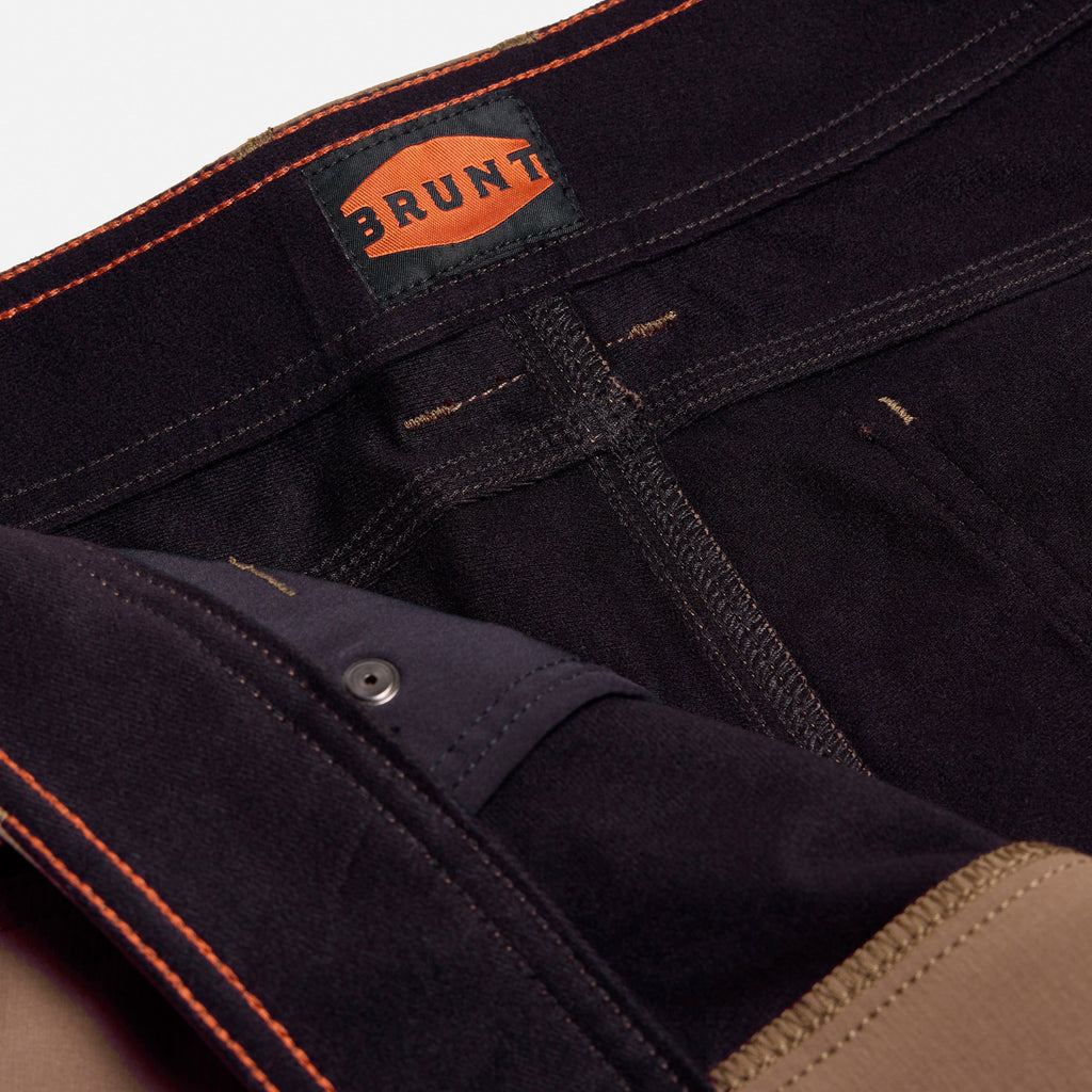 Inside lining of the BRUNT water-resistant lightweight lined costello work pant in brown