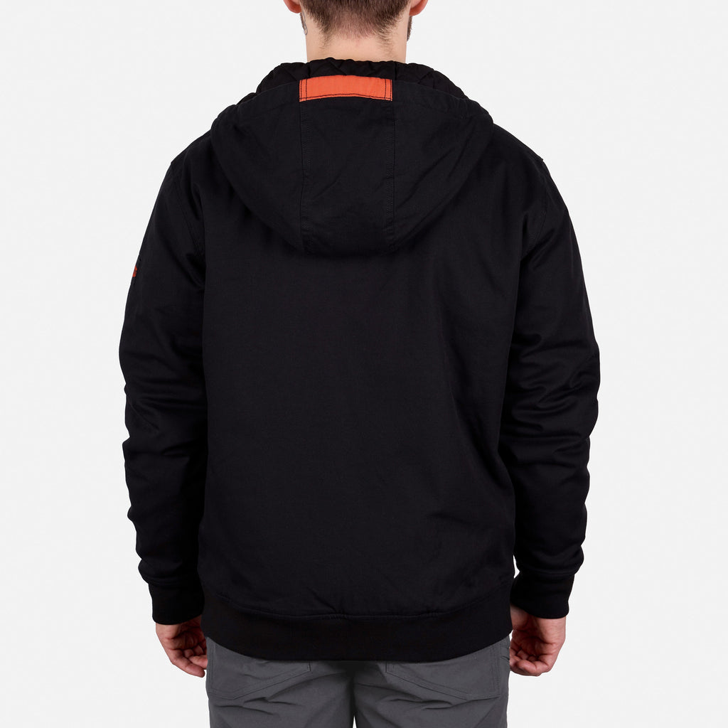 Back of the BRUNT ultra durable couvee utility work jacket with hoodie in black