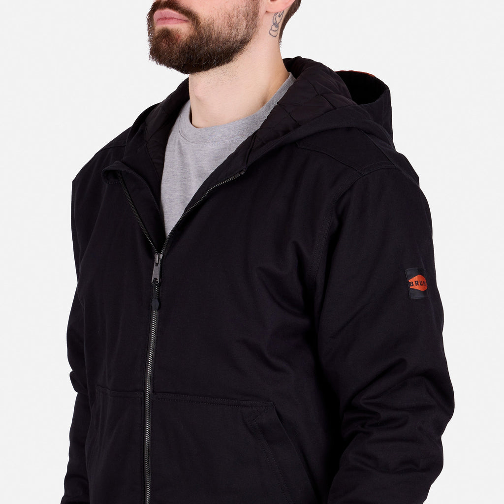 45 degree angle of the front right side of the BRUNT ultra durable couvee utility work jacket with hoodie in black