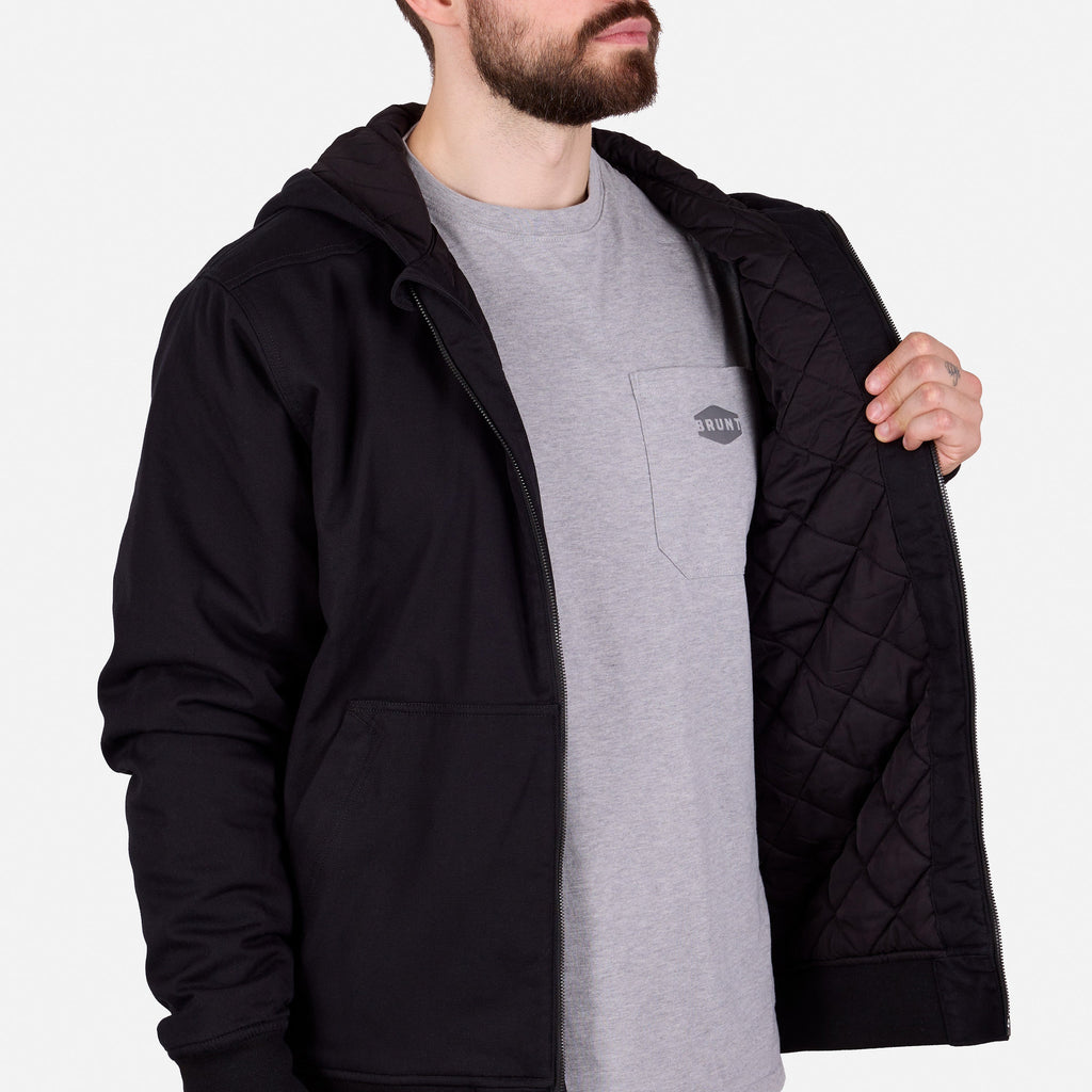Front of BRUNT ultra durable couvee utility work jacket with hoodie in black