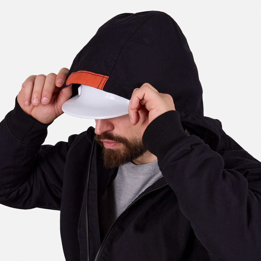 Hard hat compatible hood of the BRUNT ultra durable couvee utility work jacket with hoodie in black
