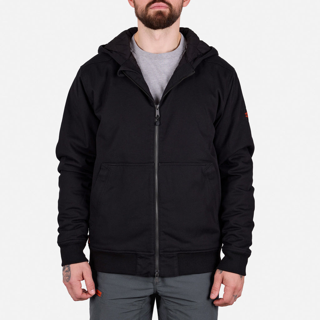Front of the BRUNT ultra durable couvee utility work jacket with hoodie in black