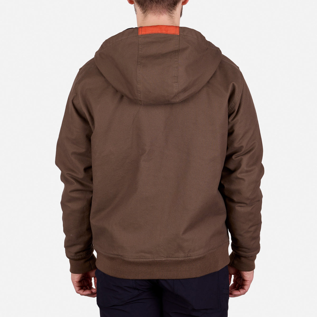 Back of the BRUNT ultra durable couvee utility work jacket with hoodie in brown